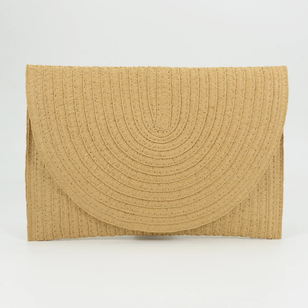 

Fashion Woven Brown Tan Paper Straw Braided Clutches Pouch Bag with Lining and Snap Closure Inside Pocket