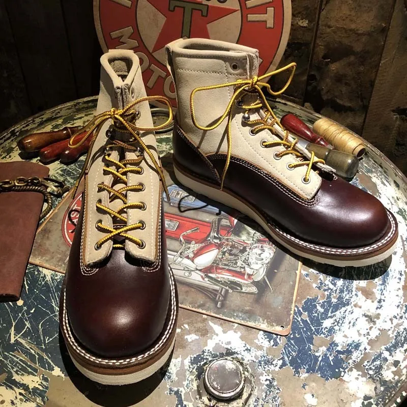 

Retro Mixed Colors Round Toe Lace Up Cowboy Winter Mens Ankle Boots High Quality Handmade 100% Genuine Leather Motorcycle Boots