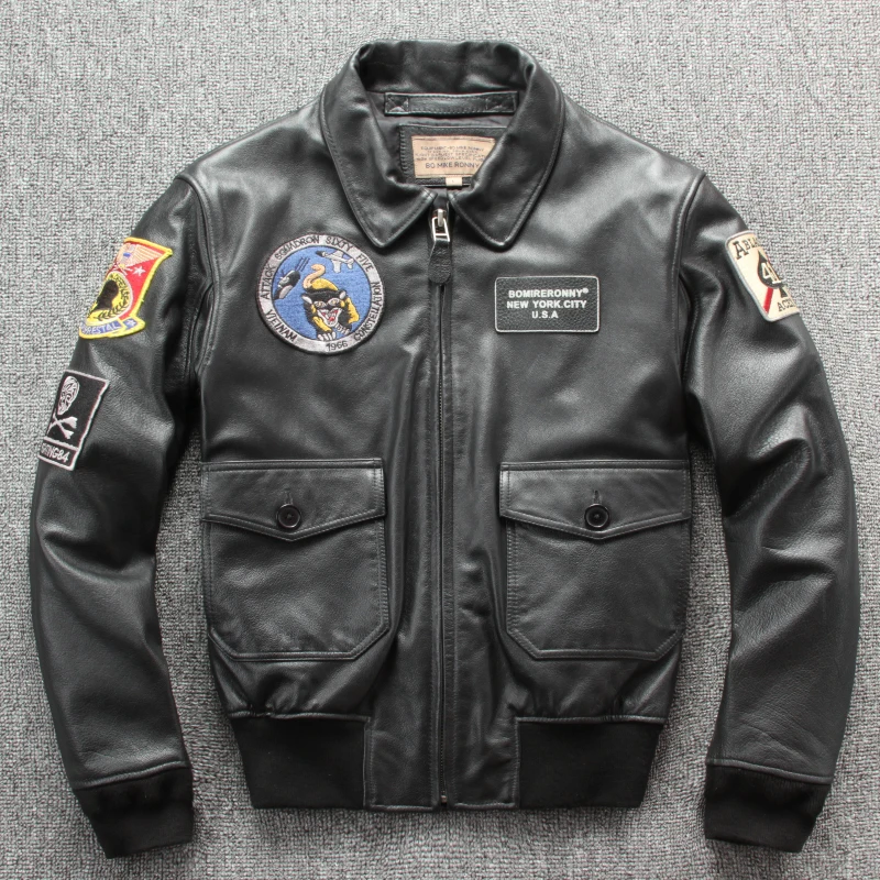 Черная мужская кожаная куртка пилот в стиле милитари 2019 толстая воловья кожа