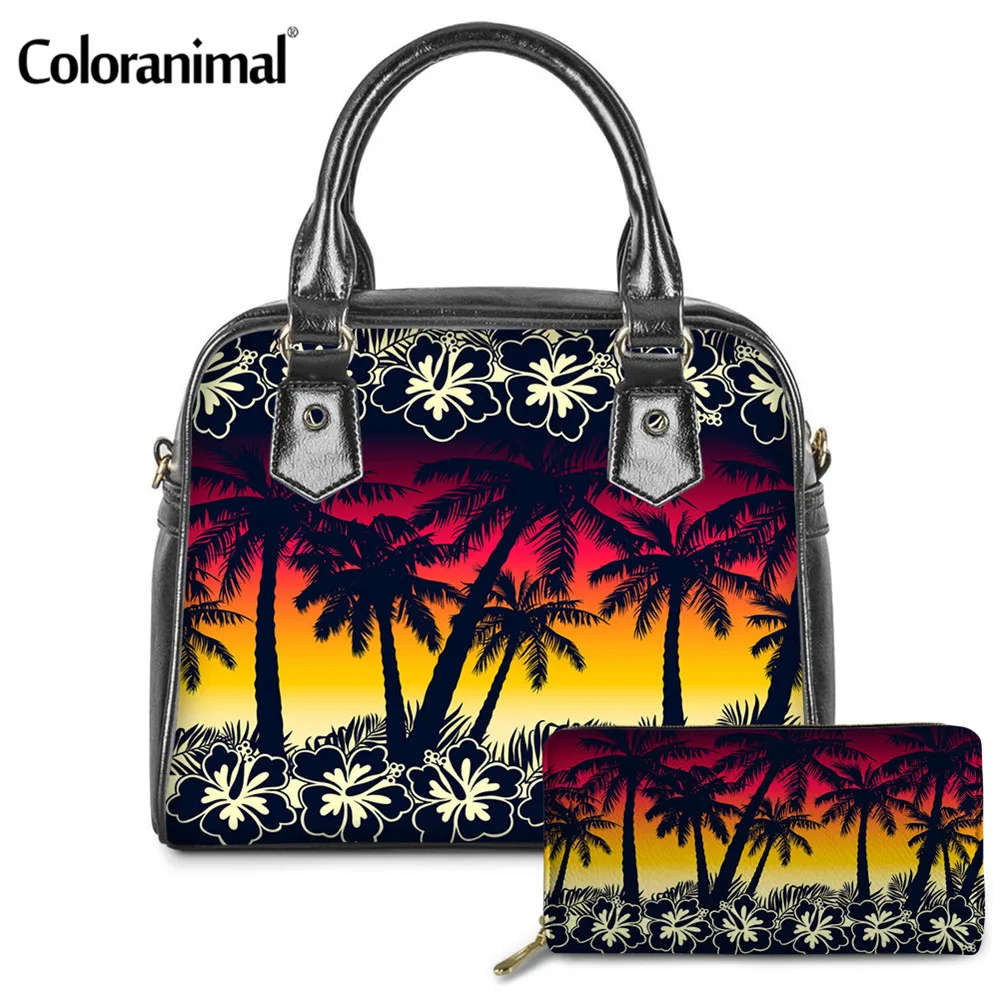 

Coloranimal Tropical Frangipani Palms With Hibiscus Flowers Print Lady PU Shoulder Bag Protable Messenger Bag 2Pcs/Set Handbag