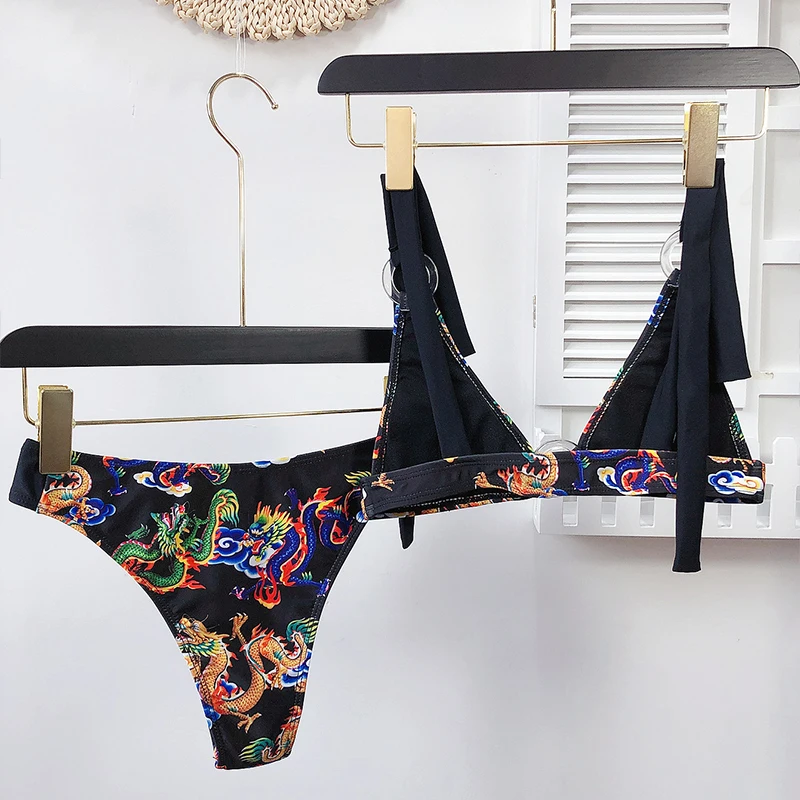 

Cheap Print Bikini Set 2021 Triangle Swimsuit Female Ring Swimwear Women Two Piece High Cut Bathing Suit Thong Brazil Biquini