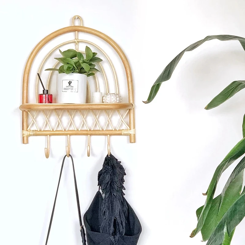 

Rattan Wall Shelf Handmade Semicircular Rattan Wall Decoration Rack with Hook Home Hanging Rack