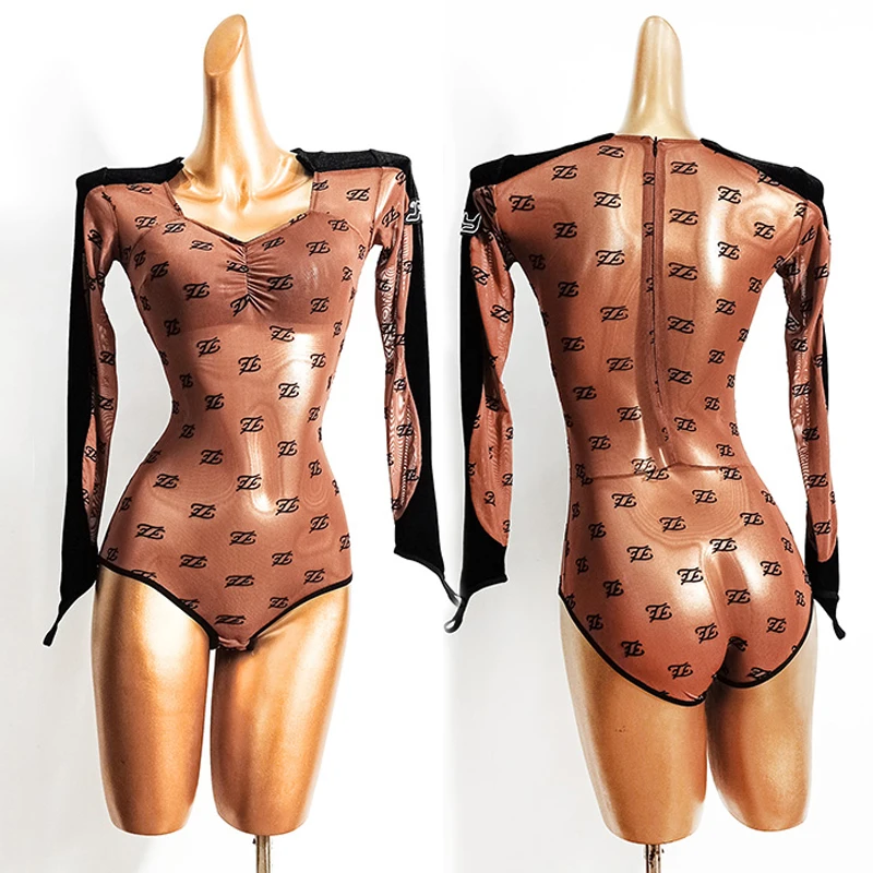

Latin Dance Top Adult Long Sleeves Velvet Stretch Mesh Fashion Print Samba Costume Women Ballroom Latin Practice Clothes VDB2741