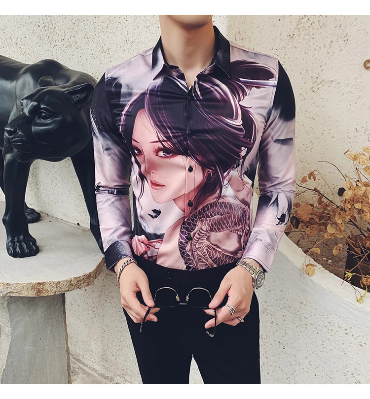 Высокое качество, Camisa Masculina, мода, мужская рубашка с длинным рукавом, красивая девушка, с принтом, тонкая рубашка, мужская рубашка для ночного клуба, смокинг, платье