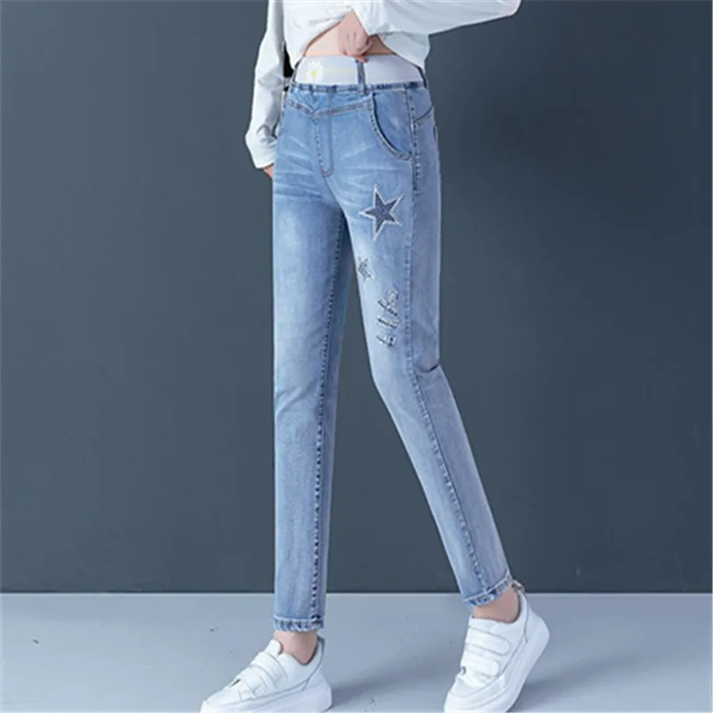

2021 Spring And Autumn New Ladies Jeans Korean Pencil Woman Pants Slim Stretch Cotton Comfortable Commuting Elastic High Waist