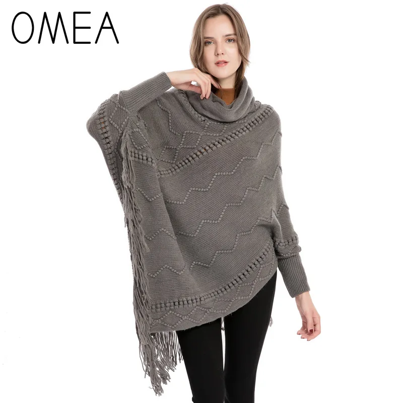 OMEA зимнее пончо с рукавами кашемировое Вязаное высоким воротом кисточкой теплый