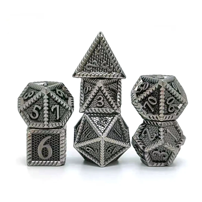 

E5BD 7 Pcs/Set Metal Dice Multi-faceted Various Shapes Sculpture Digital Dice with Box for Club/Party/Family Game Accessories