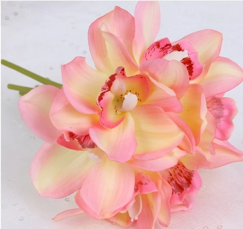 

4Pcs 6-Head Cymbidium Latex Real Touch Artificial Flowers Wedding Bouquet Living Room Home Decoration Flower Hotel Layout Orchid