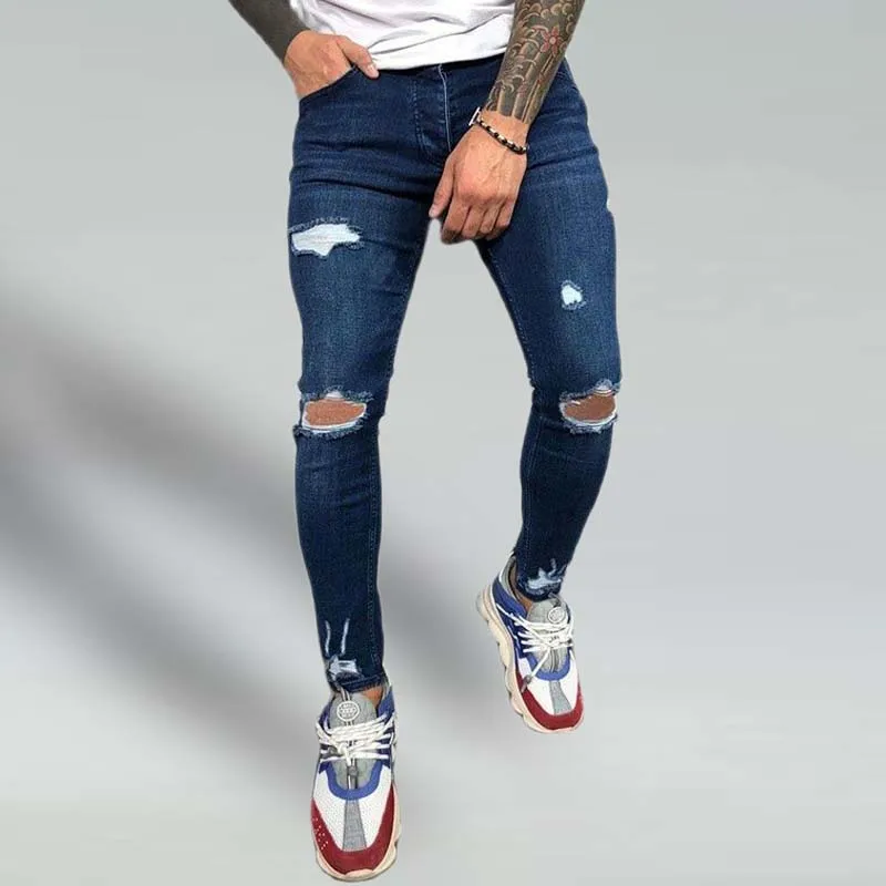 

2021 New Brand Blue Mens Jeans Skinny Ripped Stretch Slim Fit Hip Hop Pencil Pants Fashion High Street Solid Male Denim trousers