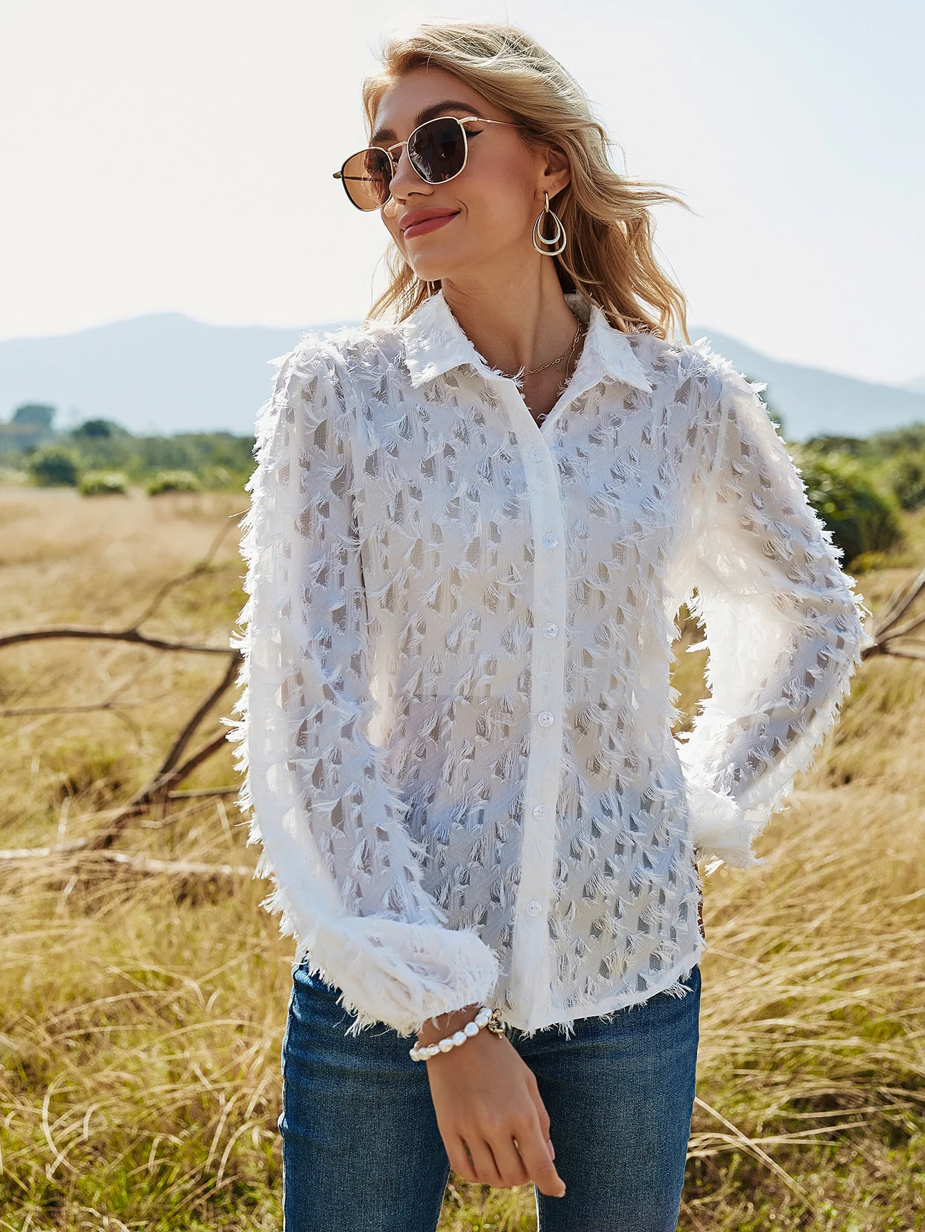 

Spring Autumn Elegant Tops White Jacquard Fashion Shirt Female Long Sleeve Chic Shirt Sexy Polka Dot Solid Color Mesh Blouses