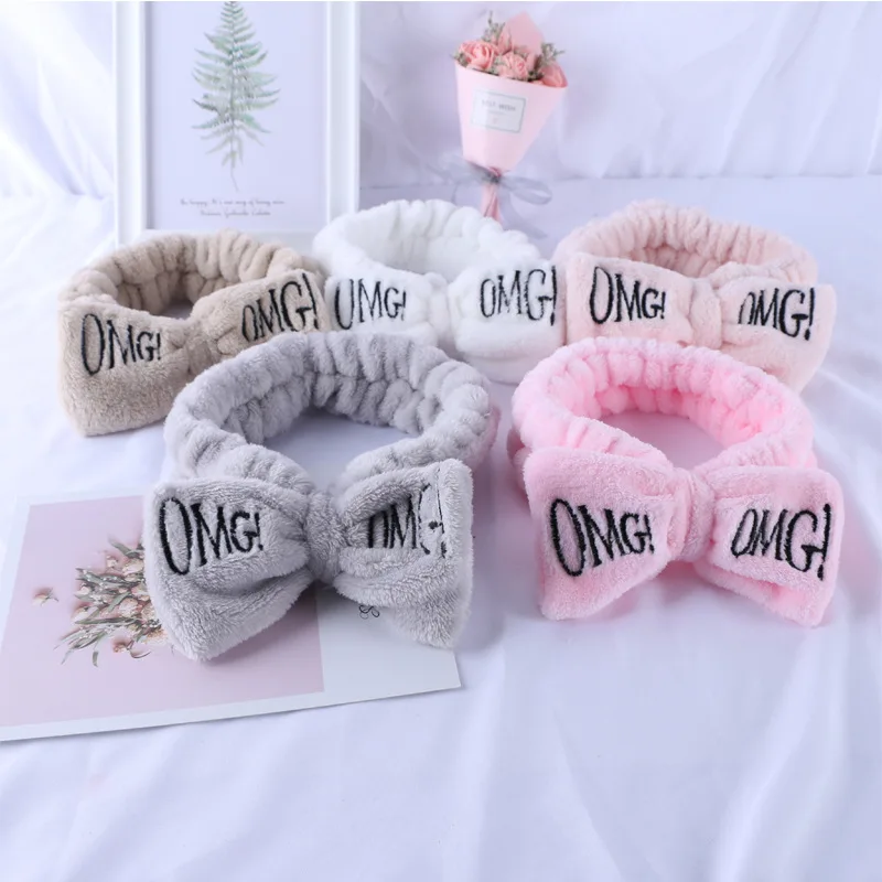 Новое письмо "OMG" Повязки для женщин Flannel Мягкий Лук Повязки Девушки мыть лицо turban Симпатичные эластичные головные уборы аксессуары для волос