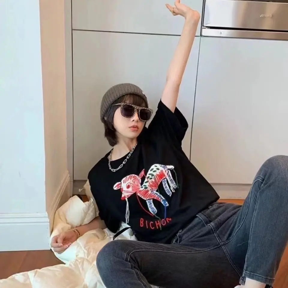 

2021 spring and summer new G-print lamb round neck cotton T-shirt men and women couples short sleeves