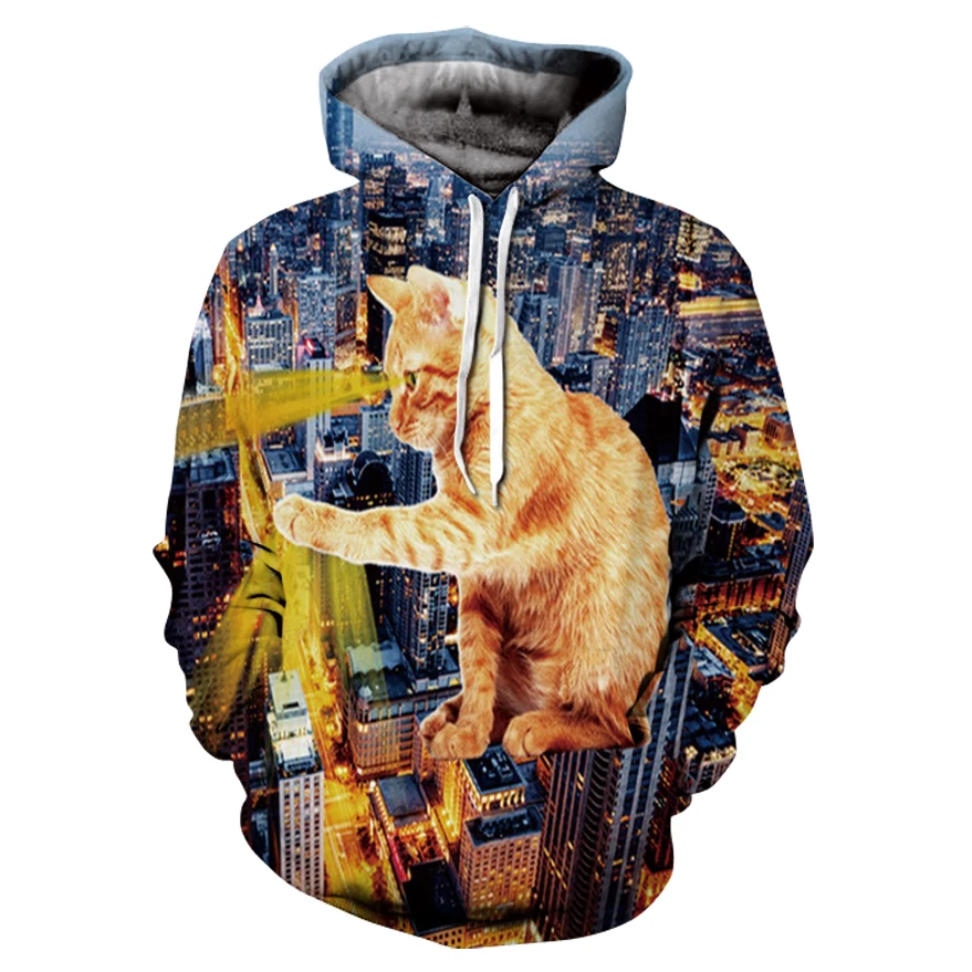 

New animal character print hoodie 3D city cat cat hooded sweater hip-hop street men's and women's wear