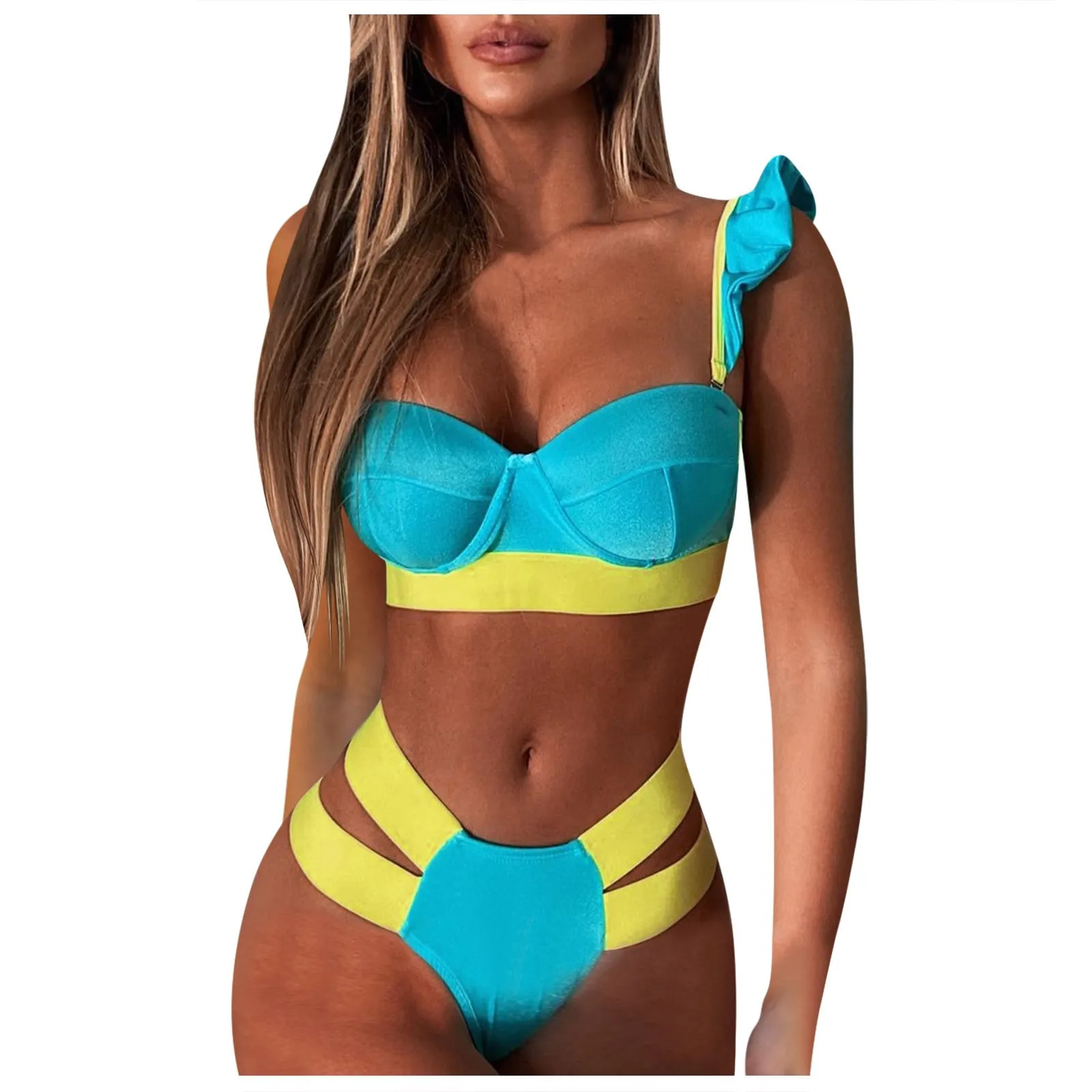 

Ladies Bikini Set Two-Color Block Hollow Out Tankini Set Sexy Split Two-piece Swimsui High Waisted Waisted Swimsuit Female A20
