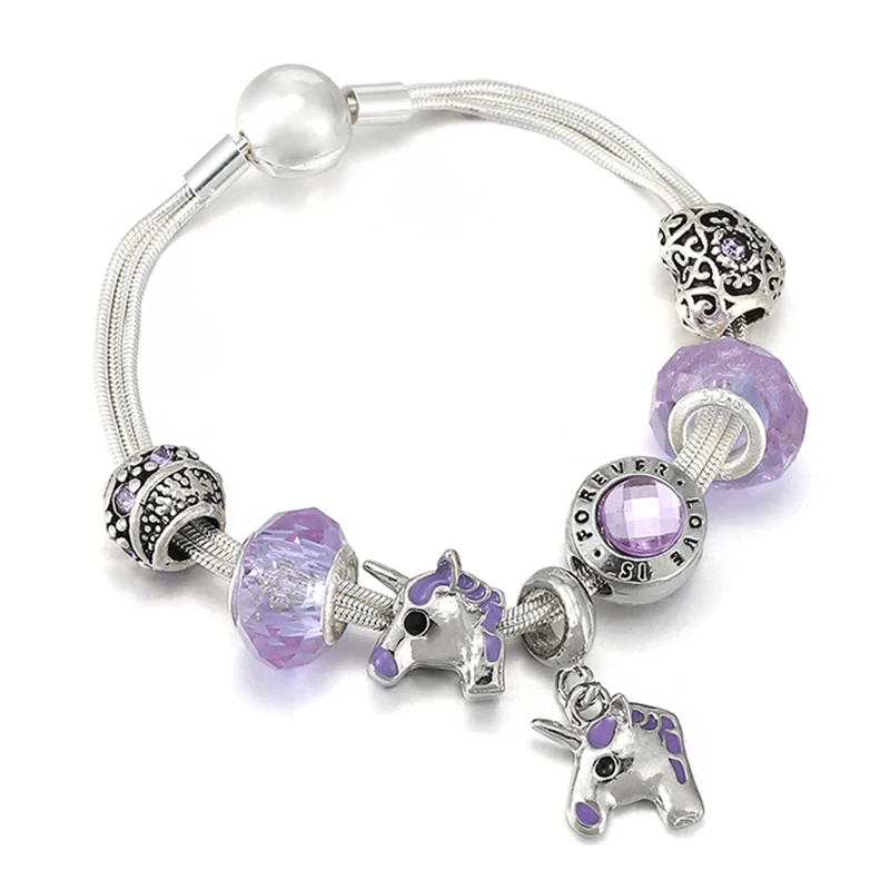 

Новая мода амулет в виде единорога бусины Подвески Fit серебро Цвет с многослойным покрытием, браслеты с брелоками для женщин, комплект из дв...