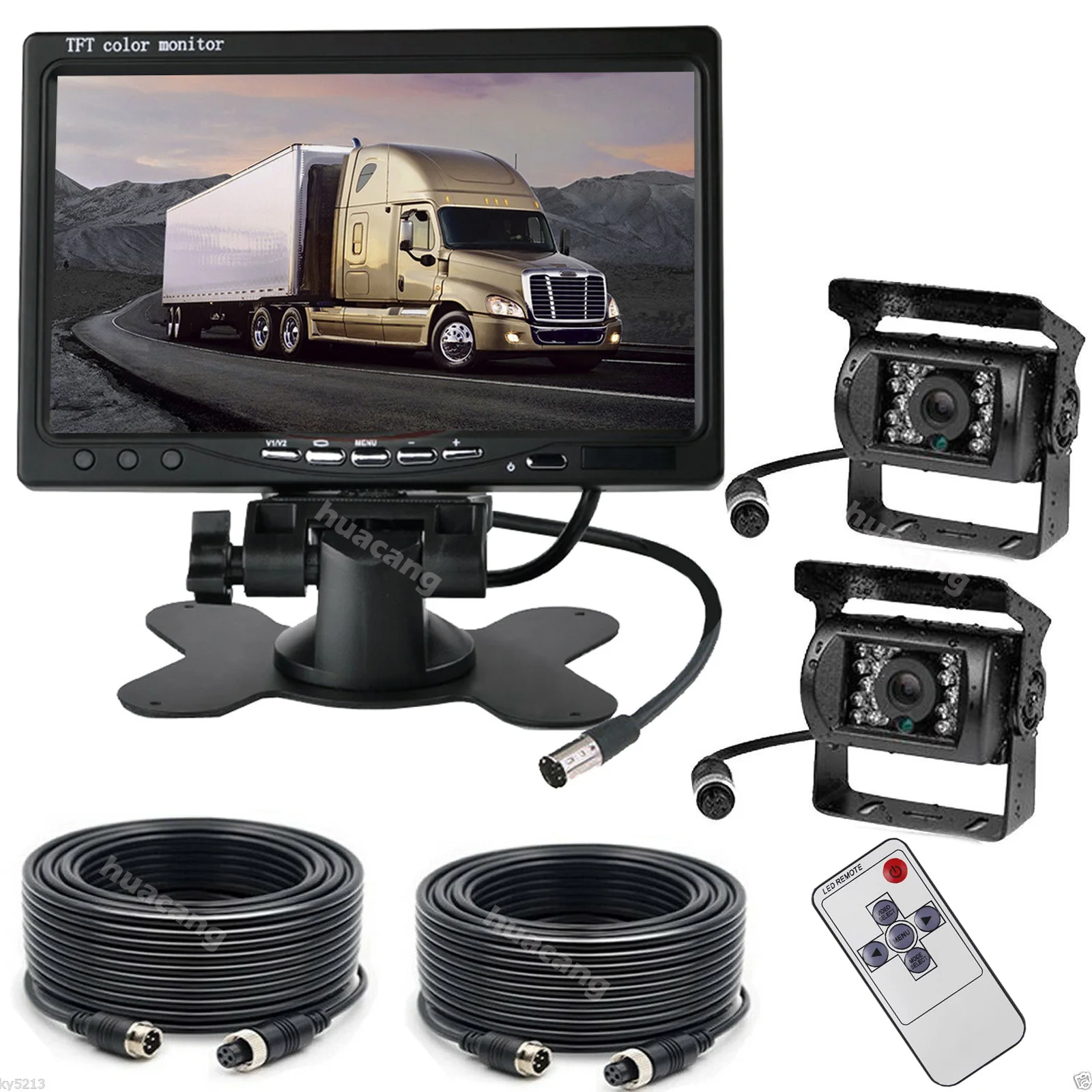 

2x HD Reversing Rear View Night Vision Camera + 12V-24V 4Pin 7" TFT LCD Car Monitor for Truck Trailers RV Parking System