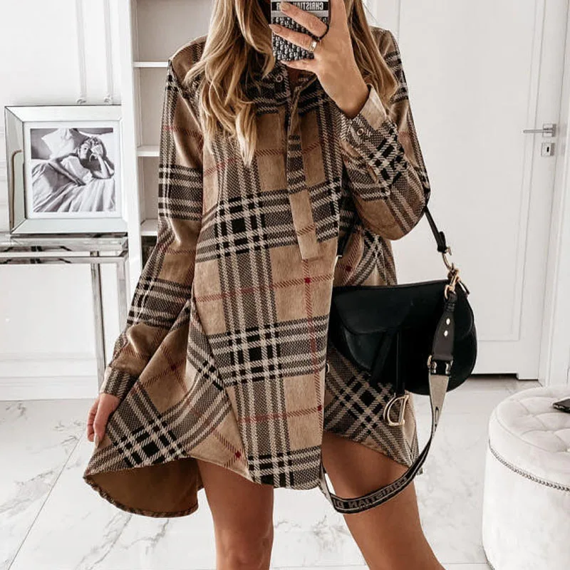 

Elegant Plaid Printed Turn-down Collar Ladies Dress Women Casual Loose Buttons Mini Dress Vintage Female Long Sleeve Party Dress