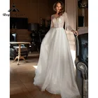 Пляжное свадебное платье с длинным рукавом и глубоким V-образным вырезом, блестящее кружевное платье с открытой спиной в стиле бохо, ТРАПЕЦИЕВИДНОЕ платье принцессы, Элегантное свадебное платье