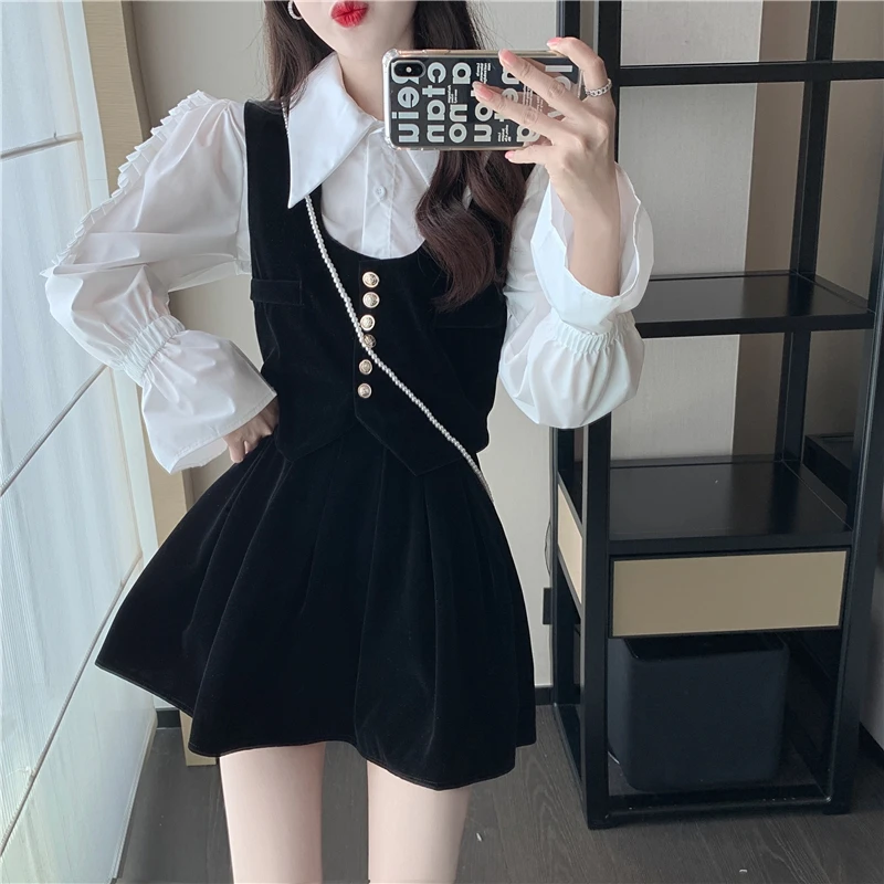 

Autumn 3 Piece Set Women Sweet White Long Sleeve shirt + Black Velvet Golden Buttons Vest Top+High Waist Pleated Mini Skirt Suit