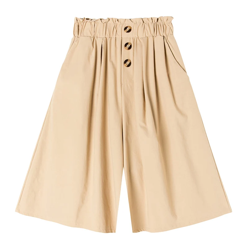 

Casual High Waist Women Wide Leg Pants Button Elastic Pleated Knee Length Trousers Female Holiday Summer Loose Pants