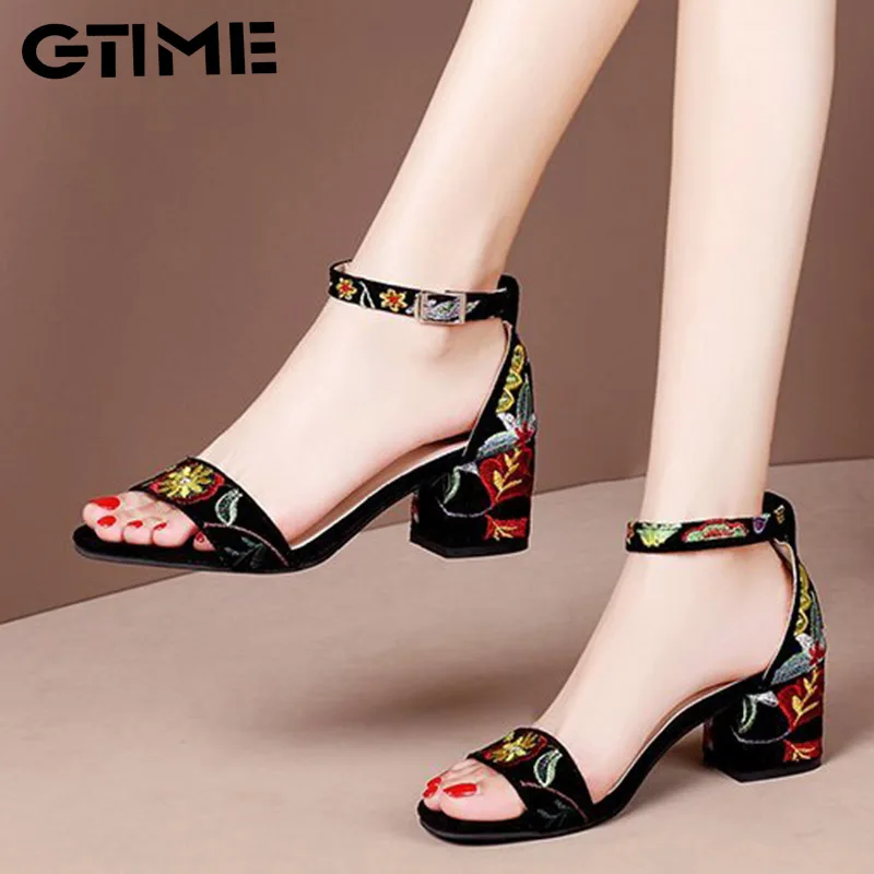 

Plus Size Summer Women Sandals Embroider Ankle Strap Sandal High Heels Dress Shoes Flower Ladies Shoes #SJPAE-251