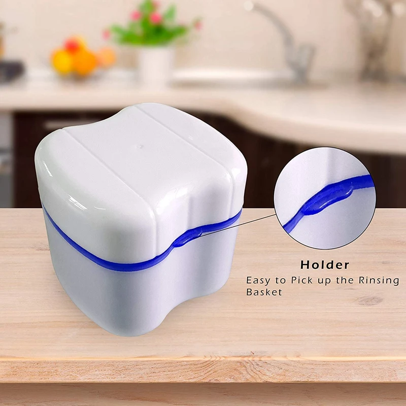 Denture Box with Specially Designed Holder for Rinse Basket, Great for Dental Care, Easy to Open, Store and Retrieve