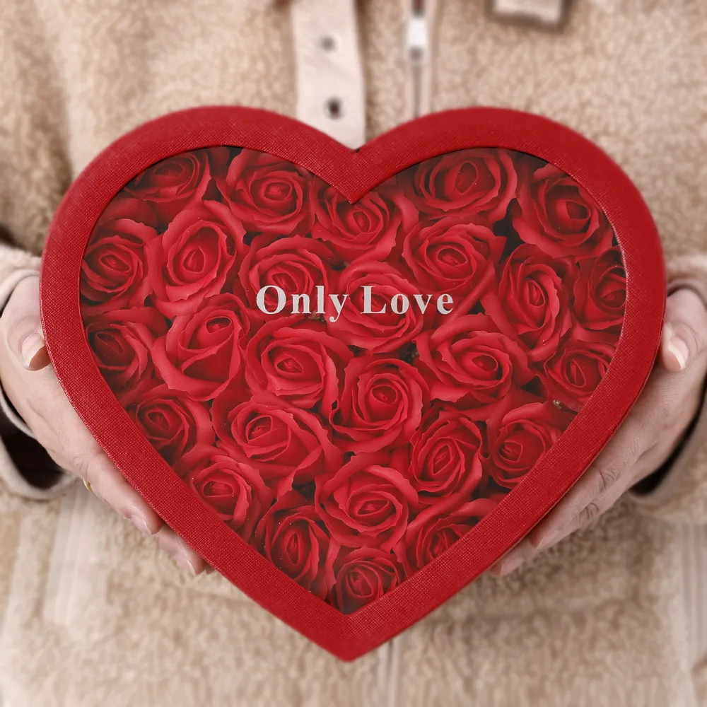 Caja de regalo de flores de jab&oacute;n de terciopelo en forma de coraz&oacute;n, embalaje a mano de rosas que nunca se decoloran, regalos de boda, decoraci&oacute;n de San Valent&iacute;n-0