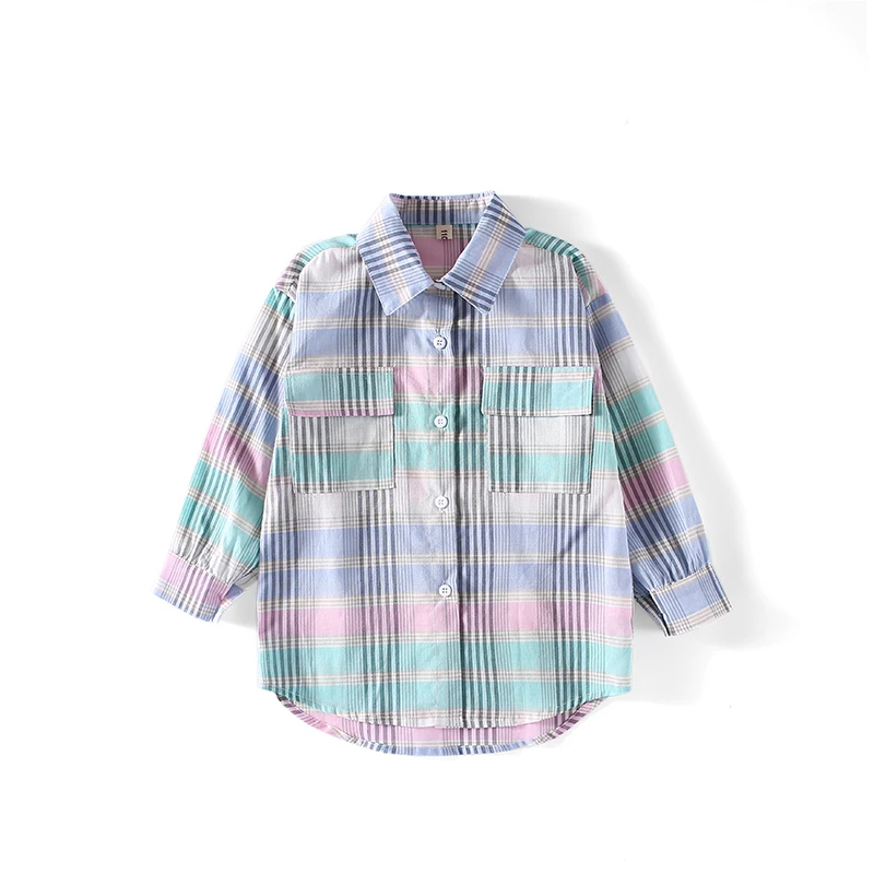 Kids Casual Blouses Spring Fall Girl Cotton Long Sleeve Color Blocking Plaid Shirts Tops Children Sweet Garments Clothing B252 | Детская