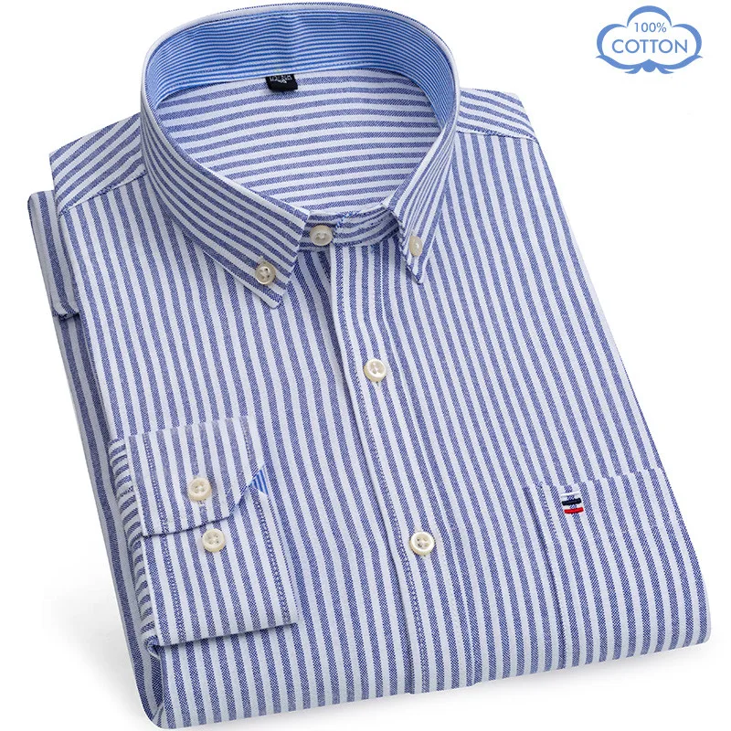 New Size S -7XL Blue Men Shirt Long Sleeve 100% Cotton Oxford Soft Comfortable Regular Fit Quality Business Man Casual Shirts | Мужская
