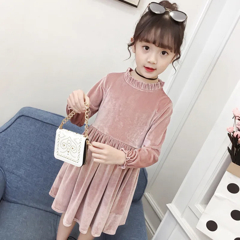 Осенне-зимнее платье для девочек 4-11 лет вельветовое праздвечерние золотистого