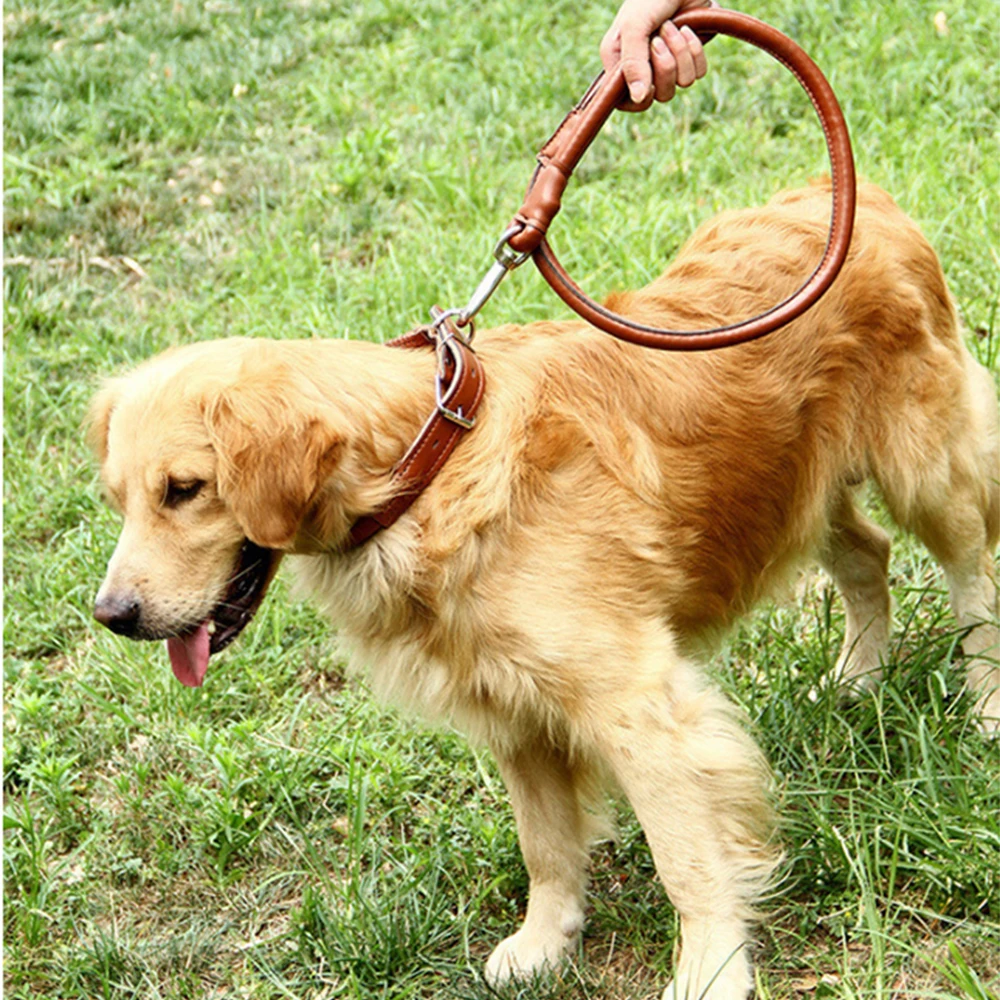 

Thick PU Leather Dog Collar and Leash Set Round Strong Pet Walking Training Leash for Small Medium Big Dog