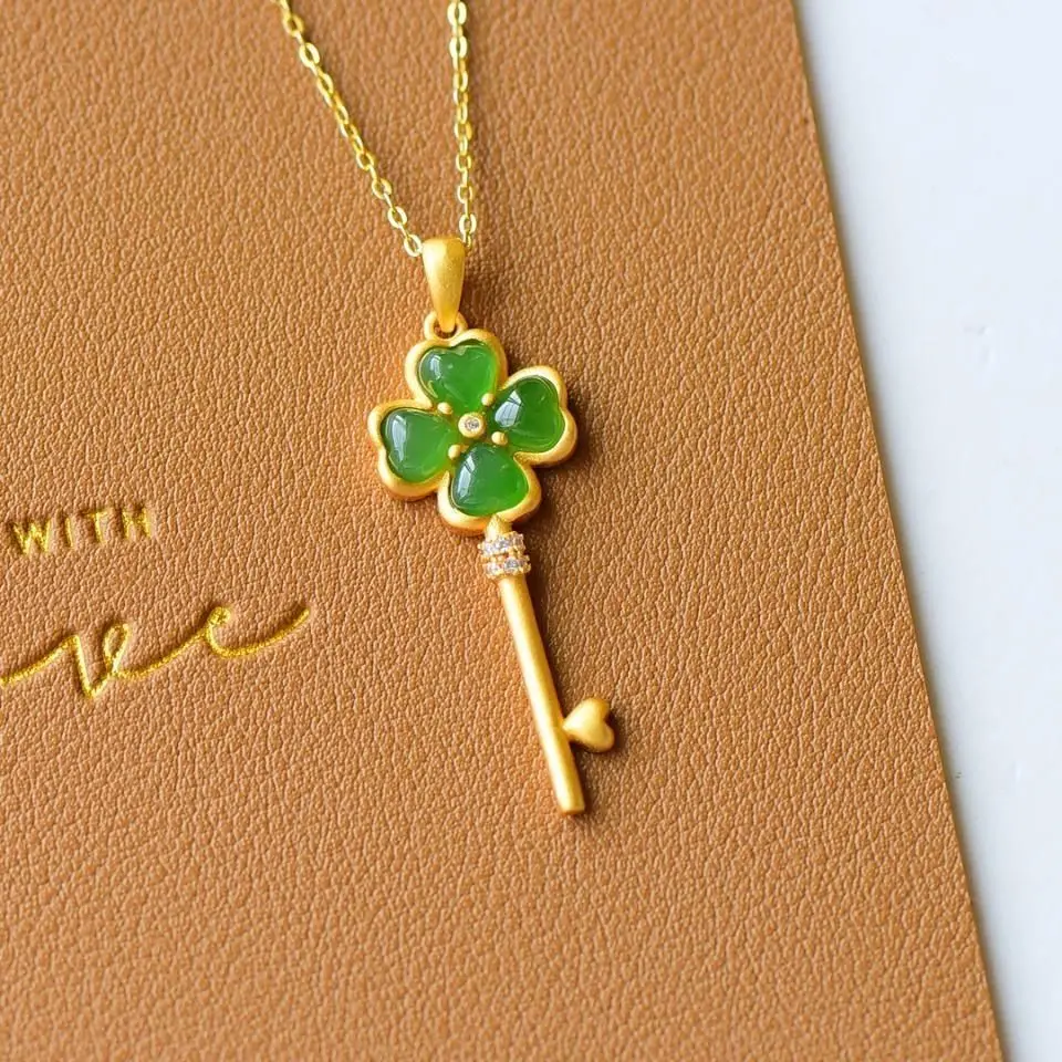 

Серебряная натуральная яшма Hetian, цепочка с подвеской в виде ключа с четырьмя листьями травы, уникальное китайское старинное золото, женское...