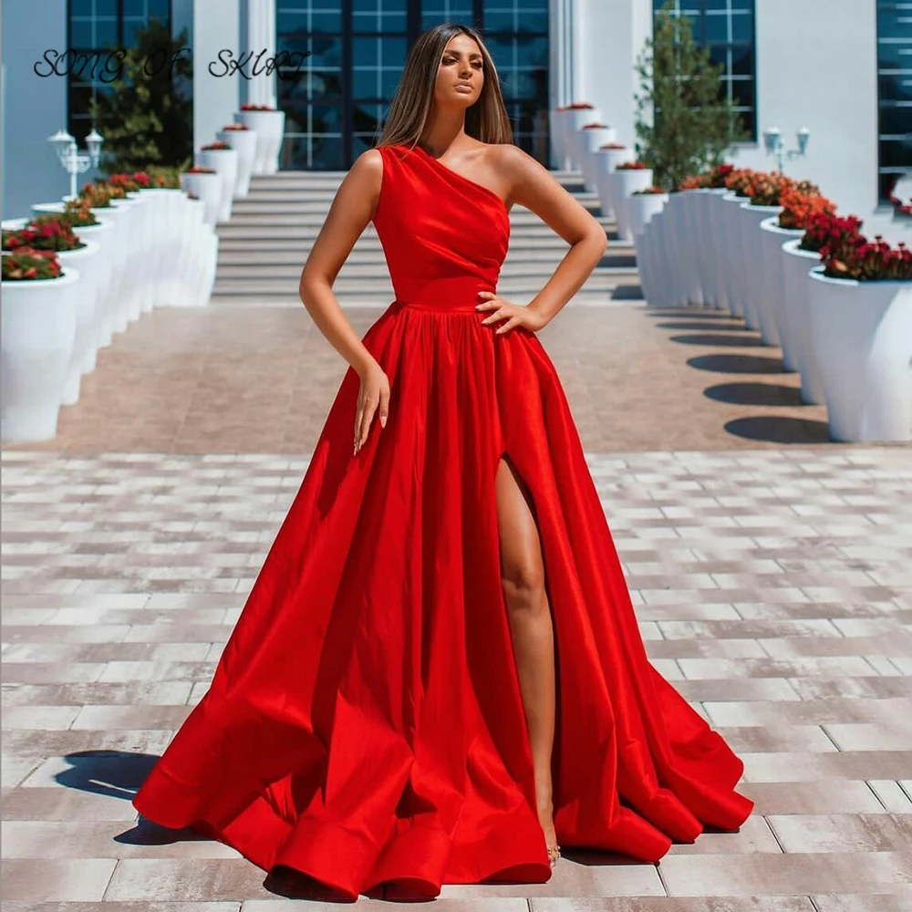 

2022 Simplicity Festive Red Women Evening Dresses High Split One Shoulder Carnival Celebration Party Gown Robe De Soirée Femme