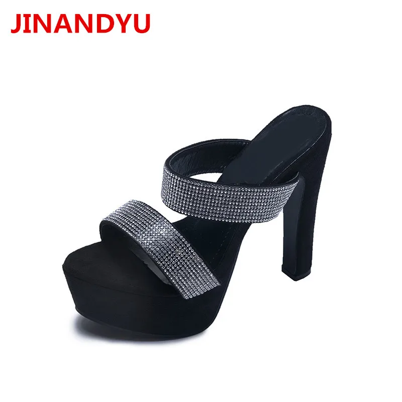 

Black Chunky Heels Party Sandal for Women Heel Slippers Summer Rhinestones Shoes Ladies Sandels New Fashion Sandale Femme Plate
