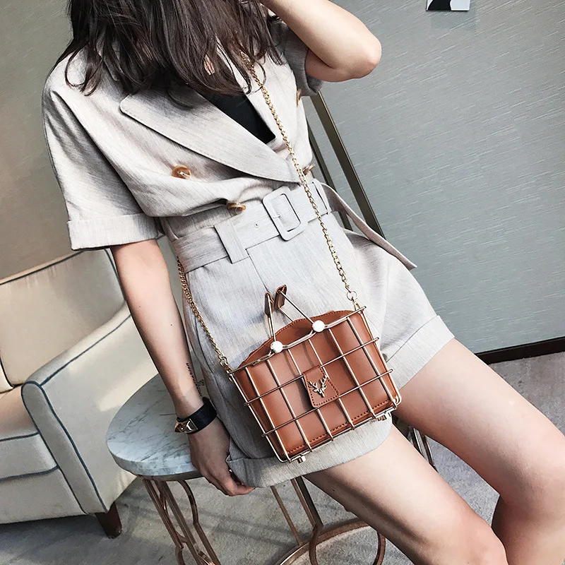 New All-Match Metal Frame leather Handbags Personality Bird Cage Crossbody Bags Women Casual Motorcycle Bag Iron Basket Handbag | Багаж и