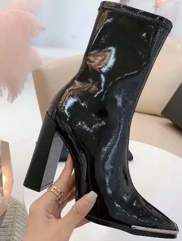 patent leather Bonjean/черные женские ботинки из лакированной кожи на толстом каблуке ботильоны из эластичной ткани с квадратным носком пикантные полусапожки - Цвет: patent leather