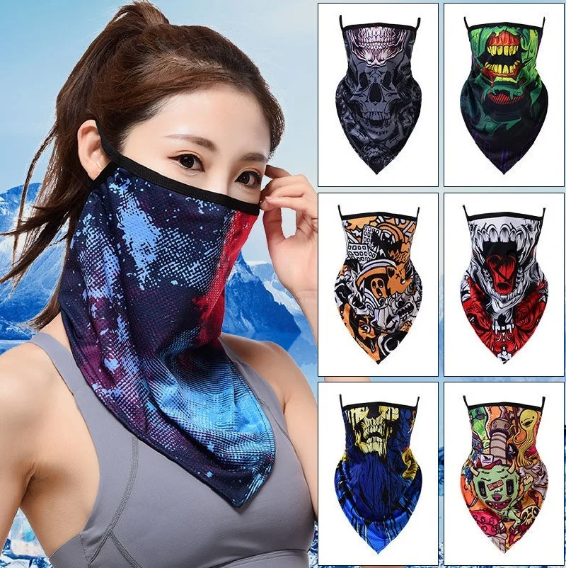 

Ice Silk Scarf Triangle Bandana Face Mask Shield Hanging Ear Breathable Quick-dry Skull Headband Tube Neck Gaiter Cover Men Girl