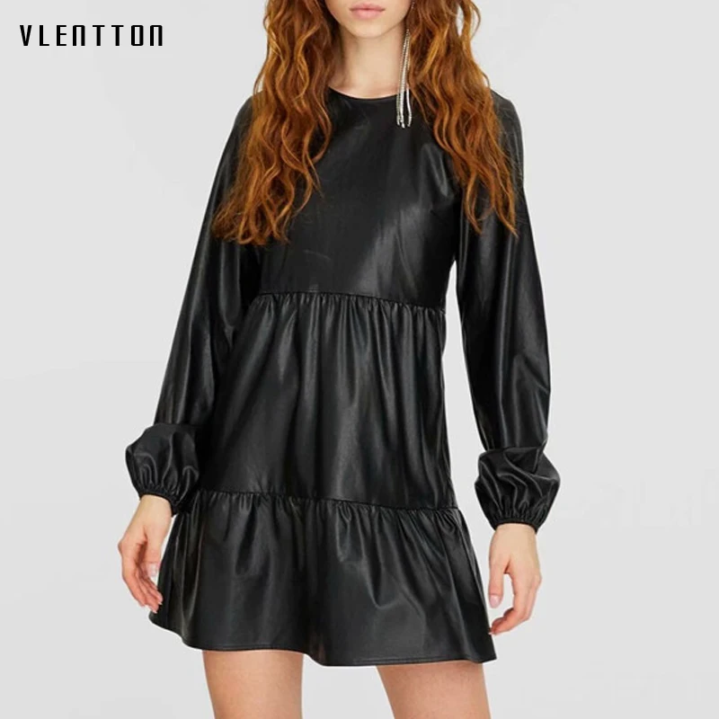 Женское платье мини из искусственной кожи демисезонное привлекательное черное