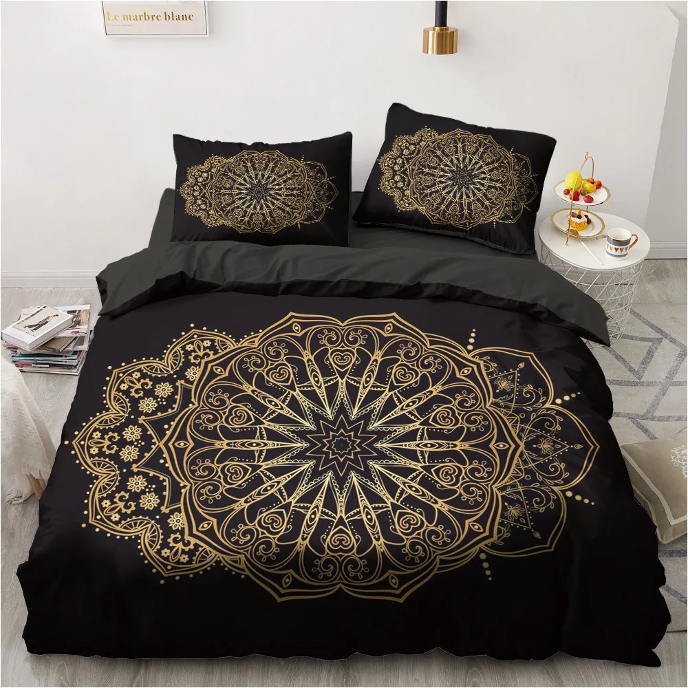 

3D Custom Gold Figure Quilt Cover Sets Modern Comforther Cases Pillow Covers 200*230cm Full Twin Double Size Black Bedclothes