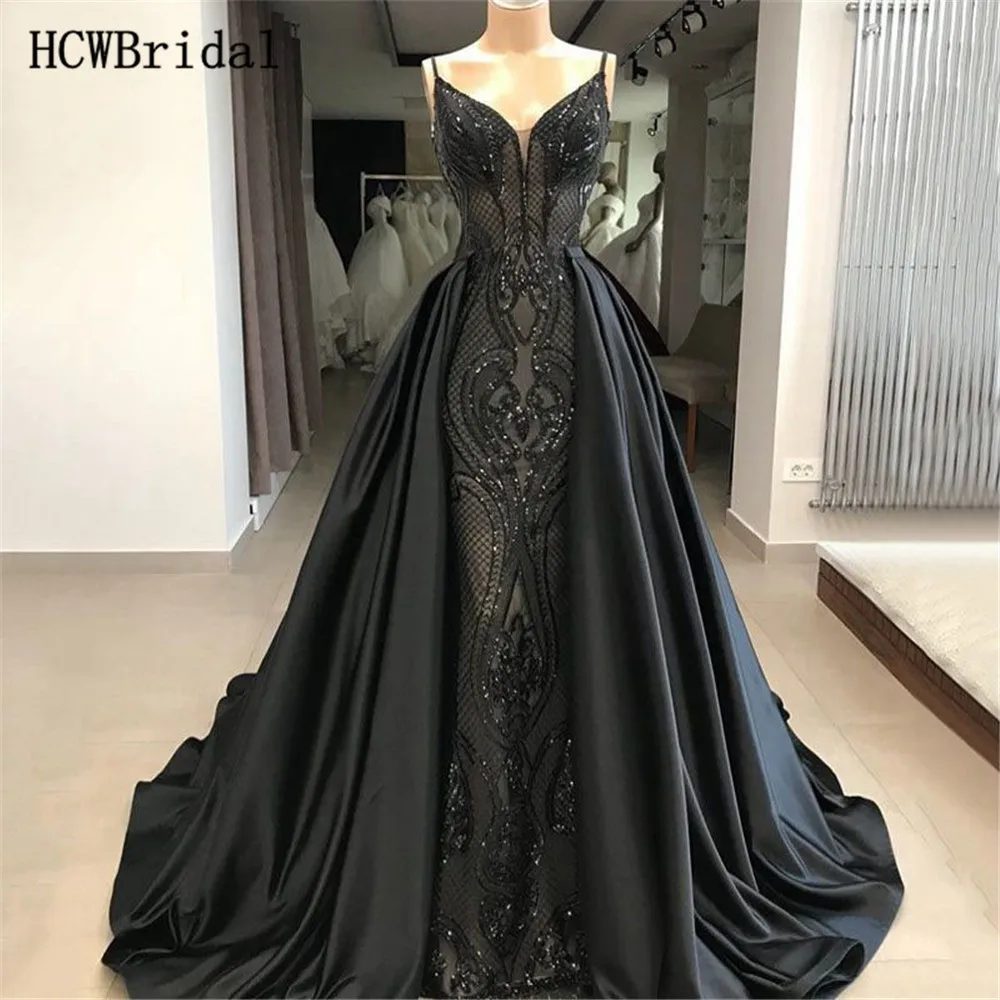 

Hot Selling Black Mermaid Detachable Train Evening Dress Glitter Sequins Spaghetti Strap Charming Long Special Occasion Dresses