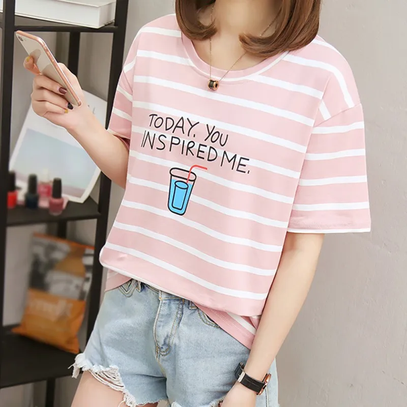 Женская летняя повседневная футболка с коротким рукавом и круглым вырезом