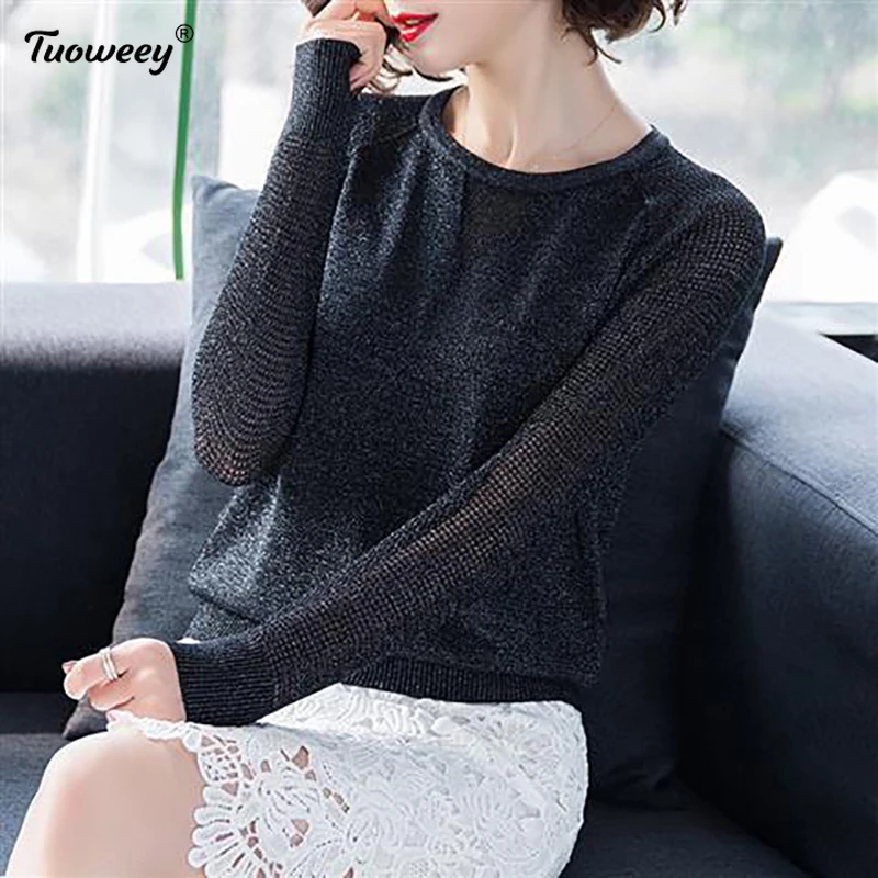 

autumn style Lady Casua Long Lace Sleeve O-Neck Knitted Blusas Tops Women Spring Autumn Style Knitted Blouses Shirts