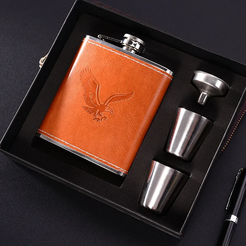 1SET 7OZ hip flask liquor Bottle christmas Gift box Stainless steel wine pot Leather surface portable whiskey OK 1117 |