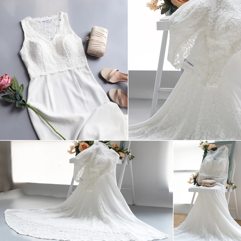 Элегантные цвета слоновой кости свадебное платье-бохо; Robe De Mariage Простой Линия с V-образным вырезом без рукавов кружево развертки Поезд Vestido De Noiva