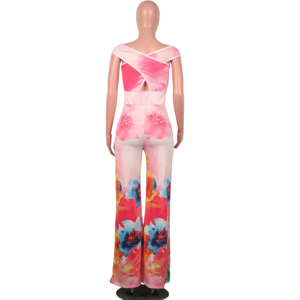 

Feme Slash Neck Front Hollow Sexy Jumpsuit Summer Long Wide Leg Casual Party Romper Empire Colorful Print Overall StreetweaS3360