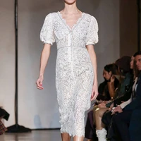 white luruxy lace dress diamond buttom party elegant dresses lantern sleeve high waist v neck female vestidos 2020 fashion