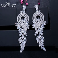 angelcz glittering bridesmaid cz jewelry leaf shape zirconia inlaid women long drop earrings for wedding dress accessories ae027