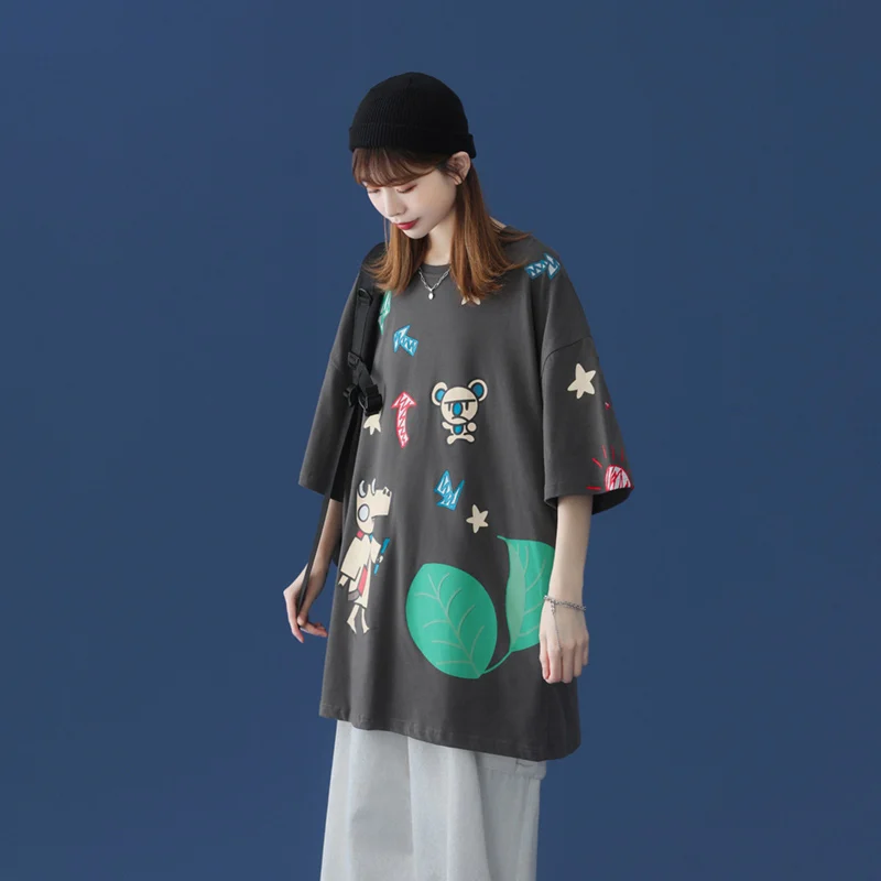 

KULIQI Summer Short Sleeve Women Cotton T-shirts Cartoon Printed Swag Style Girls Casual Tees Breathable tshirts for Female