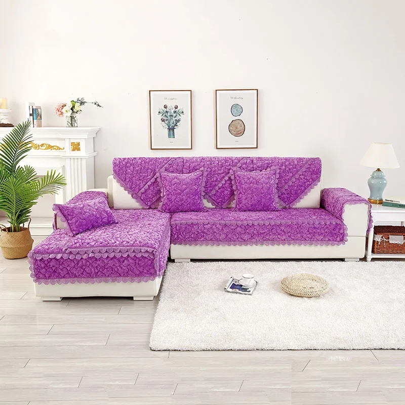 purple Толстый фланелевый чехол для дивана Кружевной Край Нескользящая противогрязная Защитная Подушка для домашнего животного собаки зимний чехол для дивана спинка полотенце 1 шт - Цвет: purple