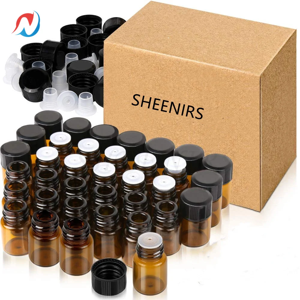 

Sheenirs 100pcs 2ML amber Vial Essential Oil Bottles 5/8 Dram Small Sample brown Glass Jars With Orifice Reducers Black Cap